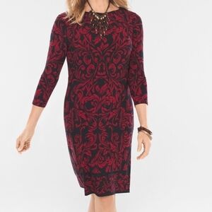 Chico's Regal Scrolls Print Red and Black Shift Dress‎ 3/4 Sleeve Women's 4/6